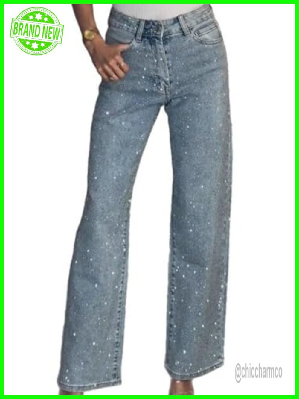 Womens Rhinestone Baggy Wide Leg High Waist Y2K Sparkly Denim Jeans